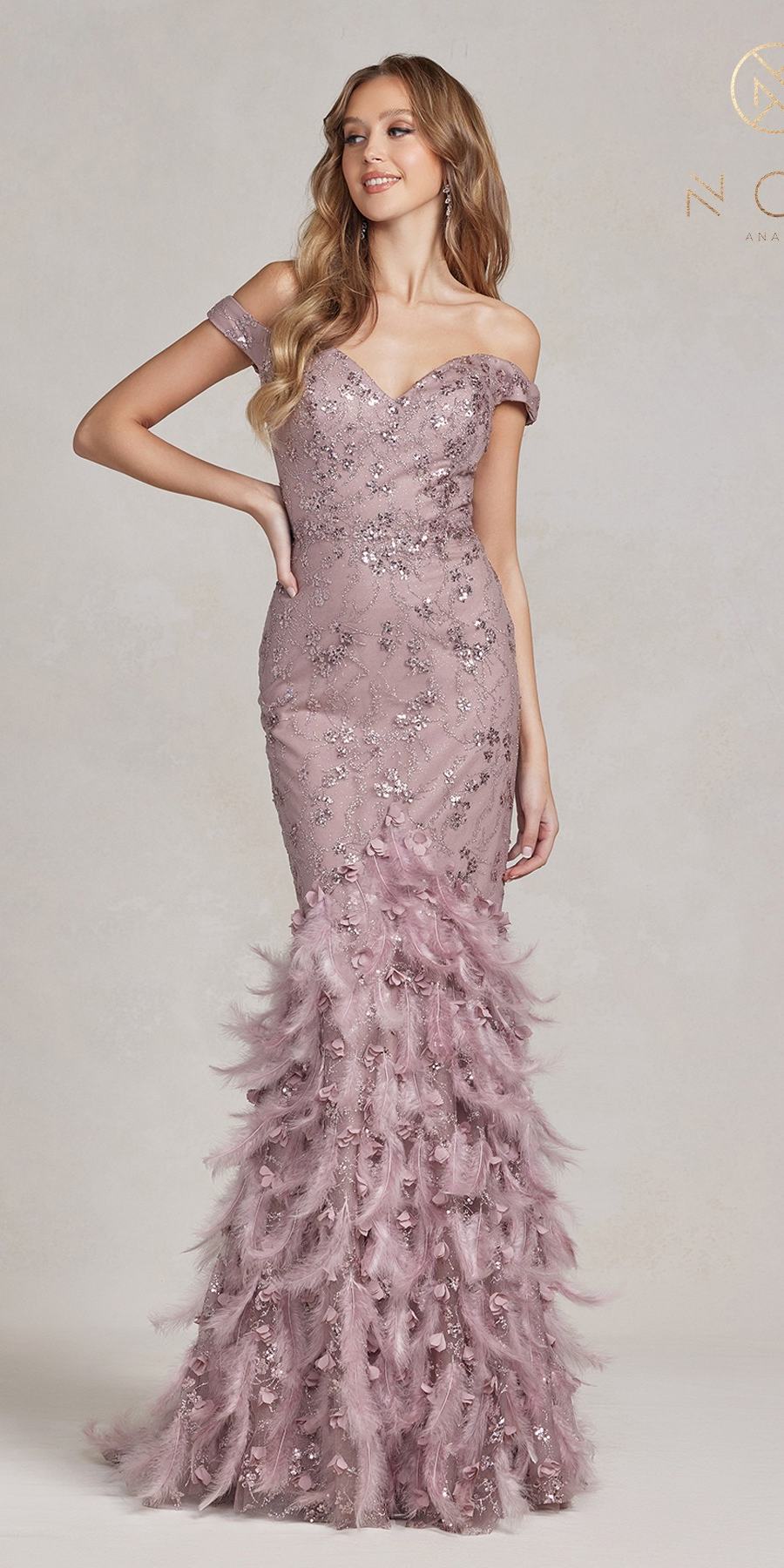 Mauve off-shoulder long mermaid gown with fitted silhouette and feather trim