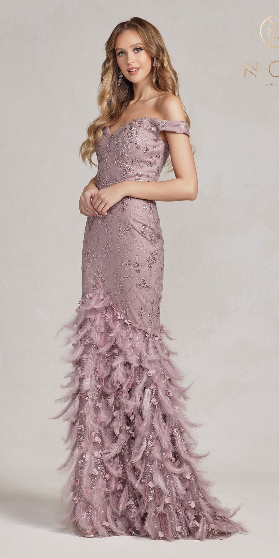 Mauve off-shoulder long mermaid gown with feather ruffle hem