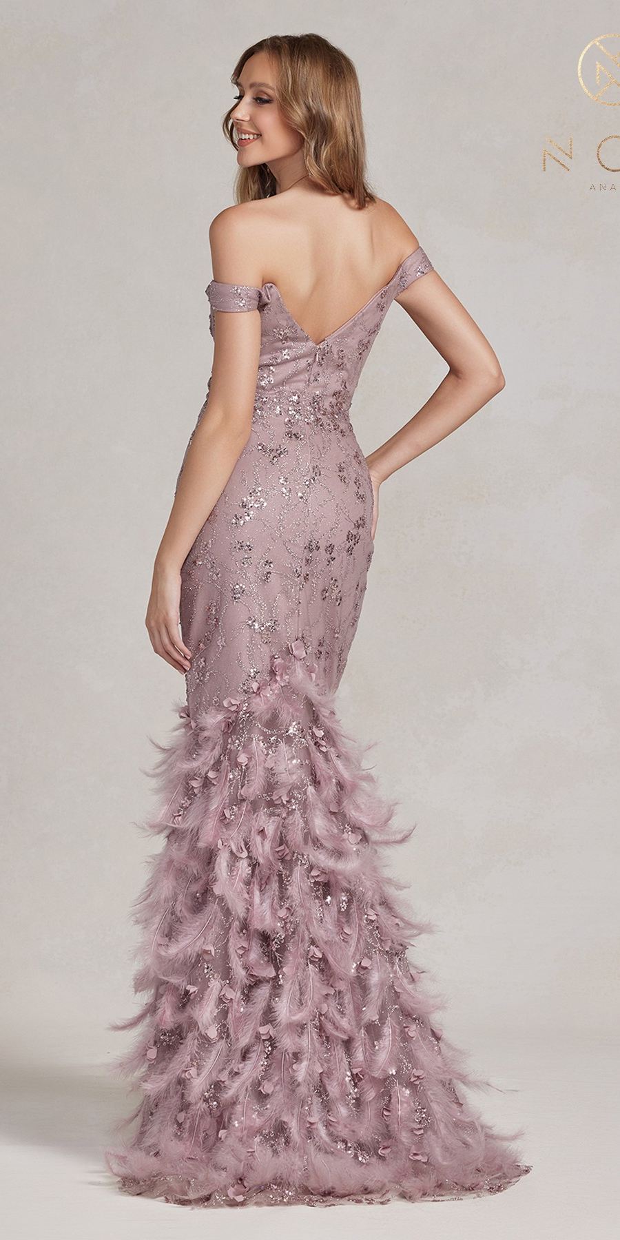 Mauve off-shoulder long mermaid gown with feathered tiers and sparkling texture