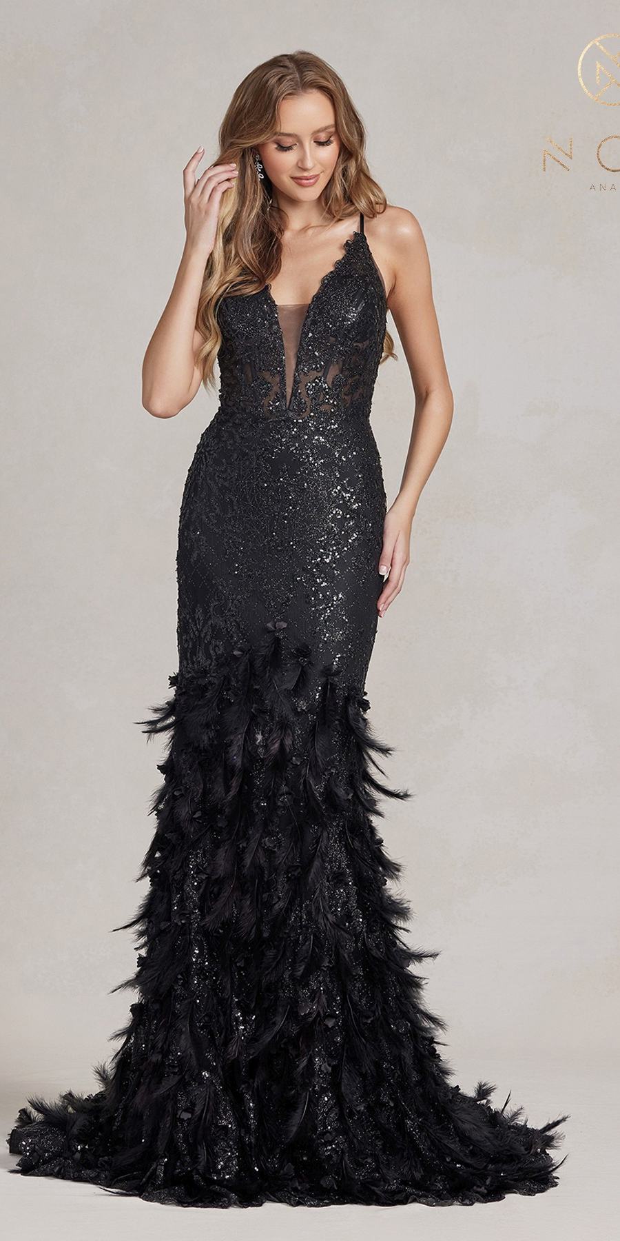 Black glitter mermaid gown with V-neckline and feather ruffle hem; full front view