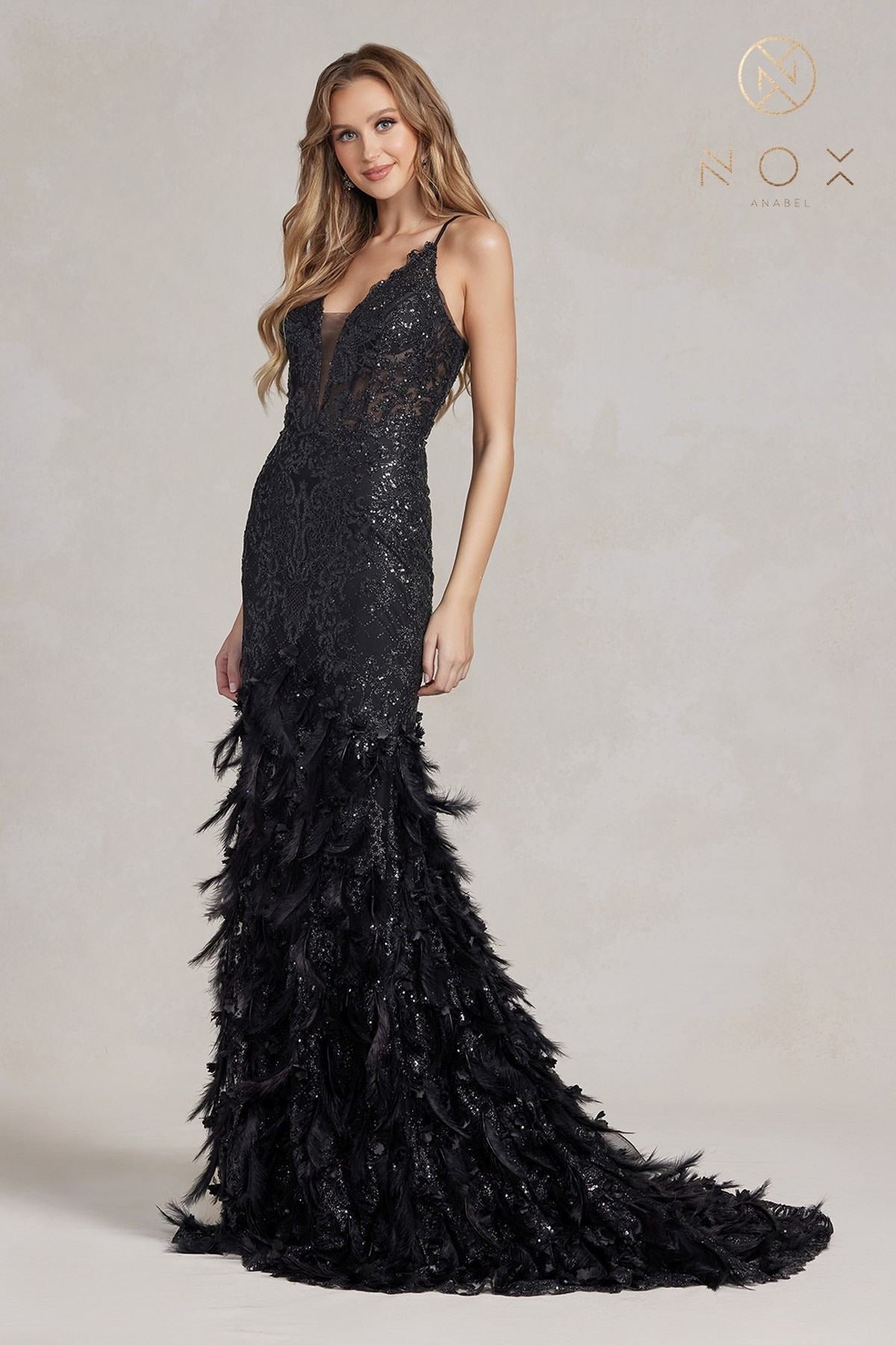 Black glitter mermaid gown with feather ruffle trim along the skirt
