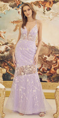 Lilac floor-length fitted sleeveless gown with floral applique bodice and tulle skirt
