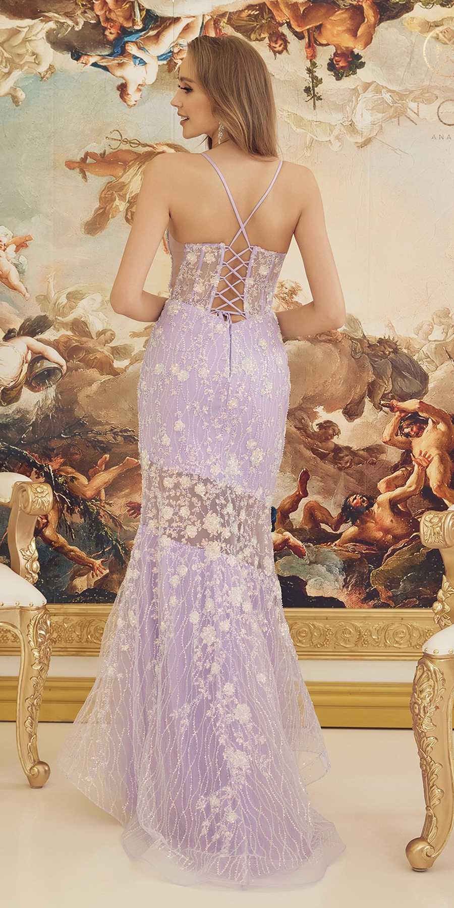 Lilac floor-length sleeveless gown with floral lace appliques and open crisscross back