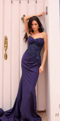 Navy strapless sweetheart corset mermaid gown with lace bodice and draped skirt