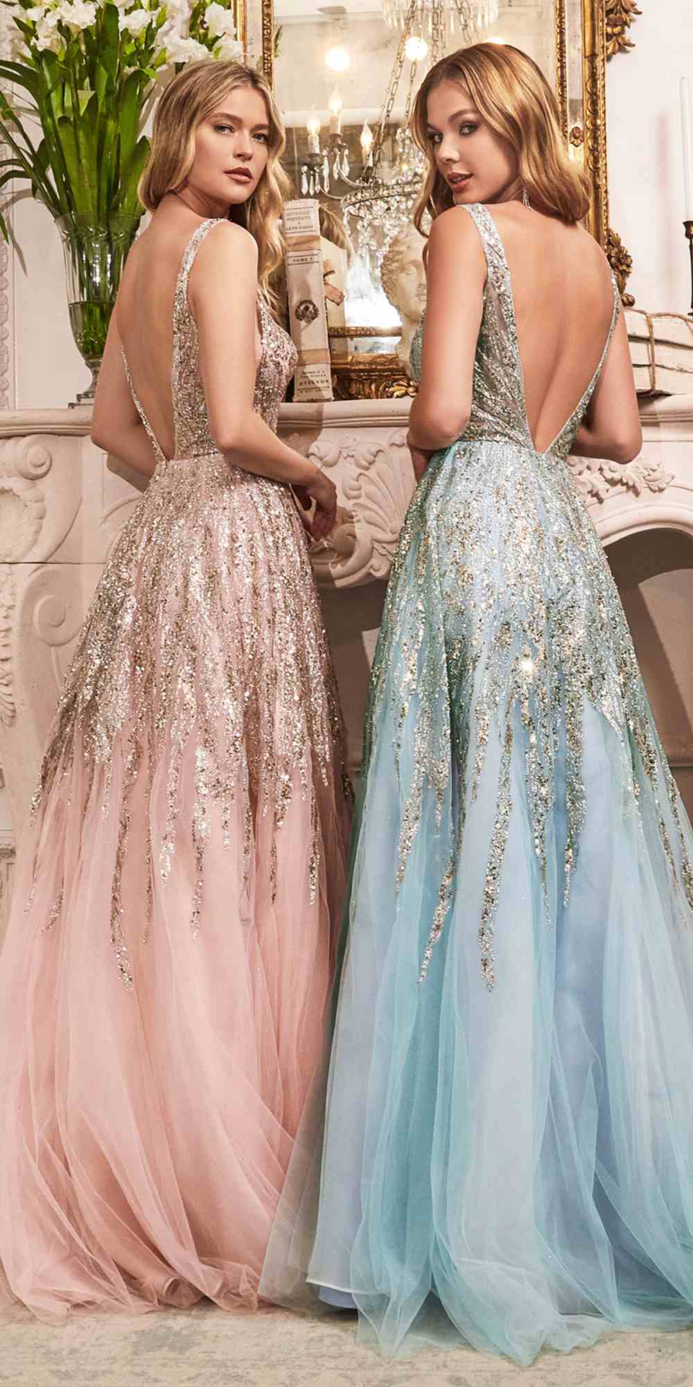 Blush and peacock beaded shimmer ball gowns, sleeveless V-neck, long full skirts