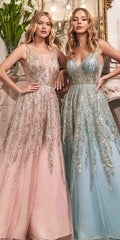 Blush beaded shimmer ball gown with V-neck sleeveless bodice and full long skirt