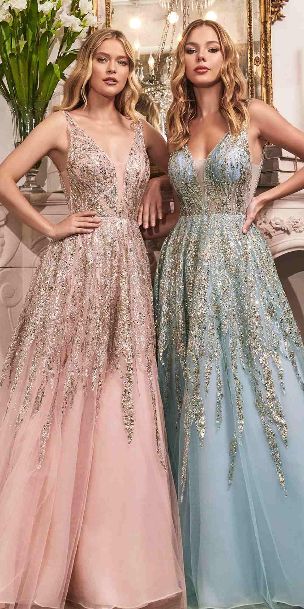 Blush beaded shimmer ball gown with V-neck sleeveless bodice and full long skirt