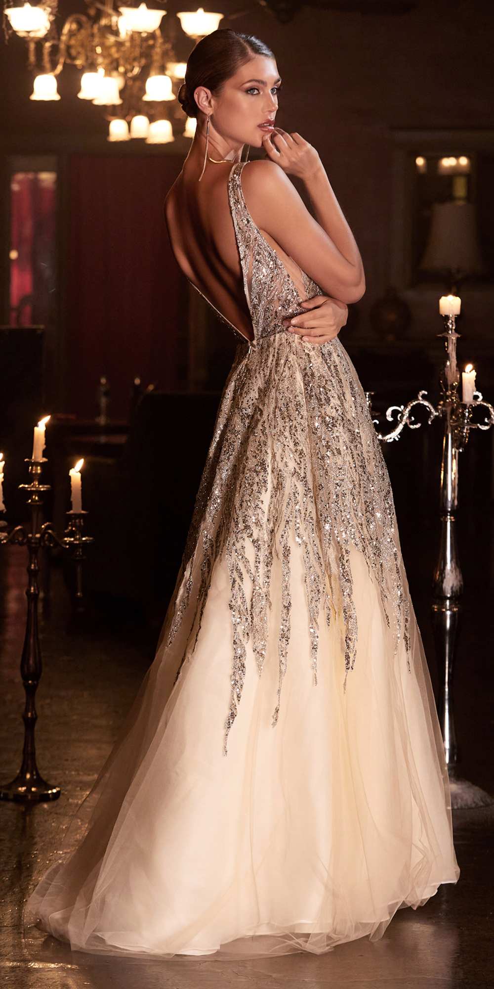 Champagne beaded shimmer ball gown with open back V-neck, sleeveless, long skirt
