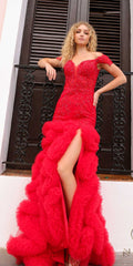 Red off-shoulder fitted gown with ruffled layered skirt and front slit