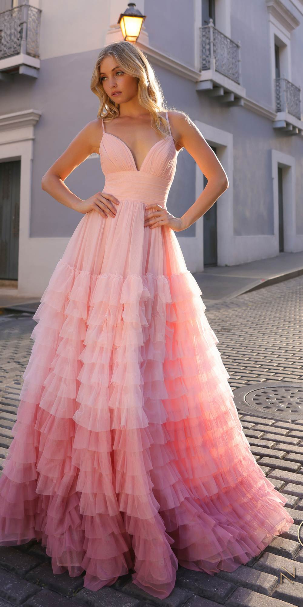 Blush ombre tiered ruffle A-line gown with spaghetti straps and V-neck, long skirt