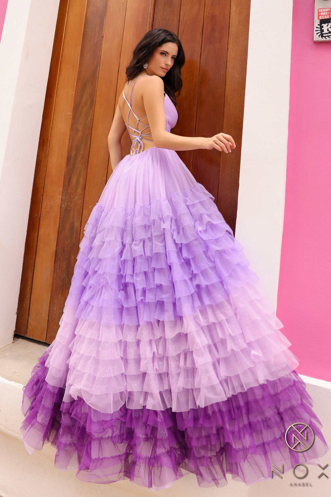 Long ombre tiered ruffled A-line gown, spaghetti straps, light purple to lavender