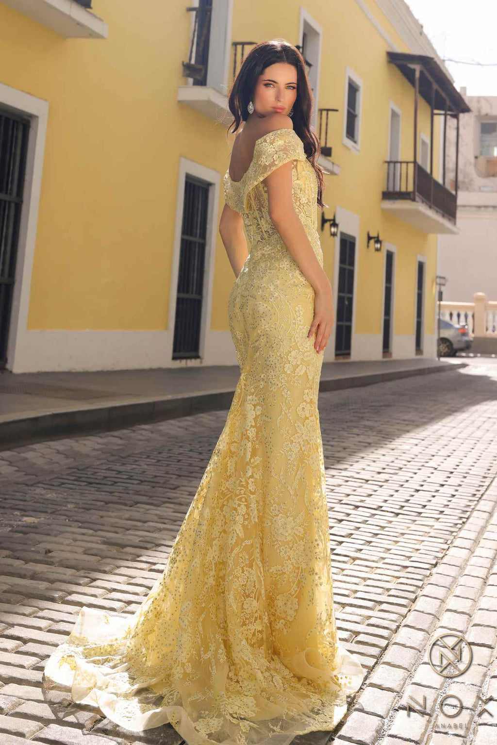 Lemon yellow off-shoulder fitted lace maxi dress with sweetheart neckline and long mermaid skirt