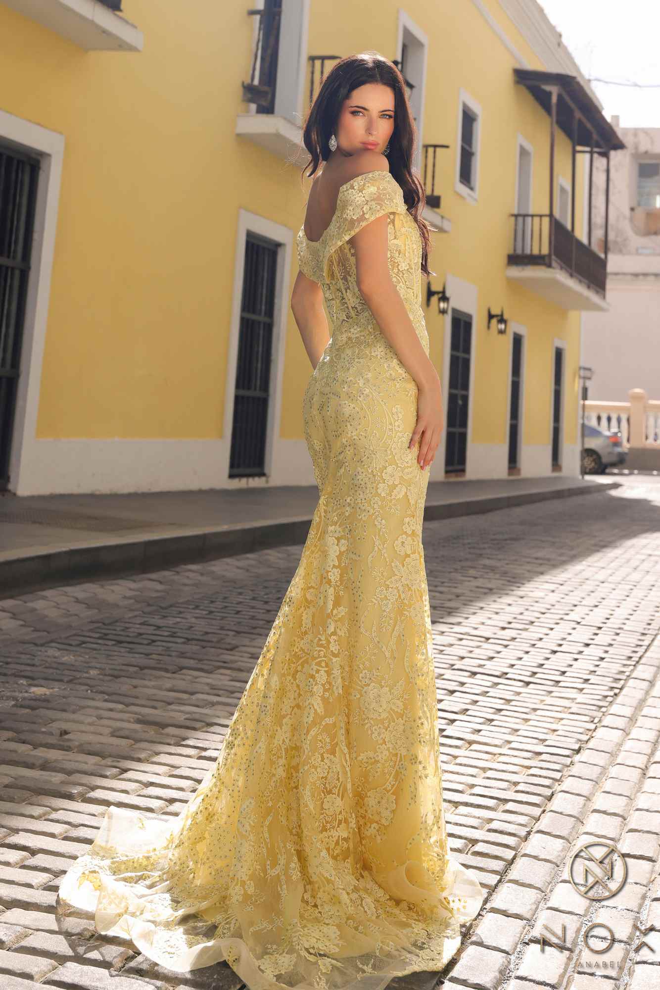 Lemon yellow off-shoulder fitted lace maxi dress with sweetheart neckline and long mermaid skirt