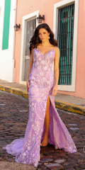 Lilac floral sequin corset bodice fitted dress with V-neck and side slit
