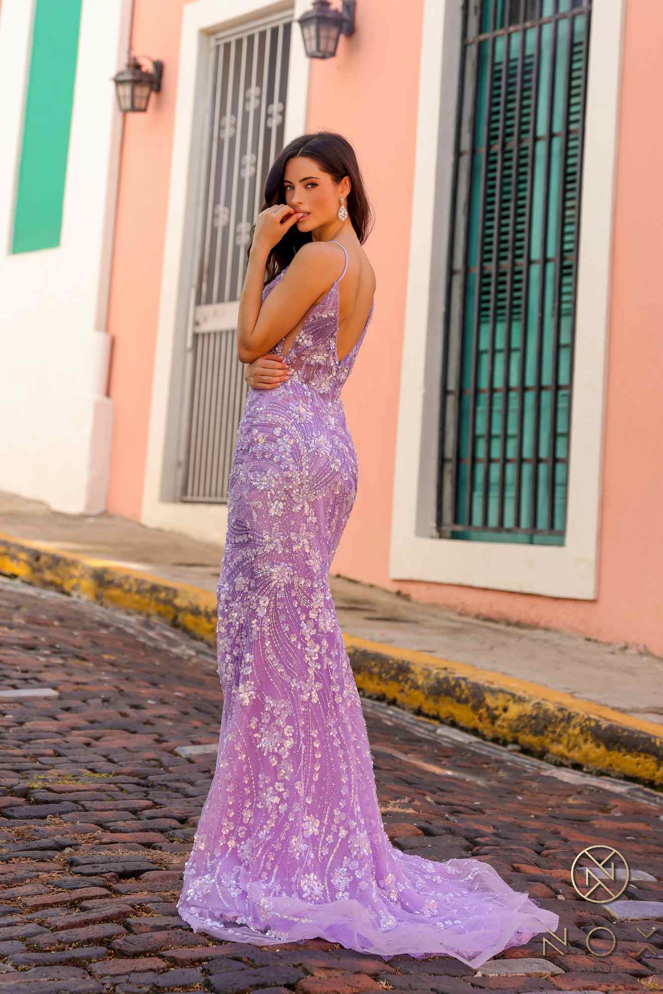 Lilac floral sequin corset bodice fitted dress, long silhouette with side slit