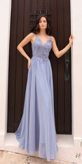 Nox Anabel A-line chiffon lace dress, dusty blue, embroidered sleeveless bodice