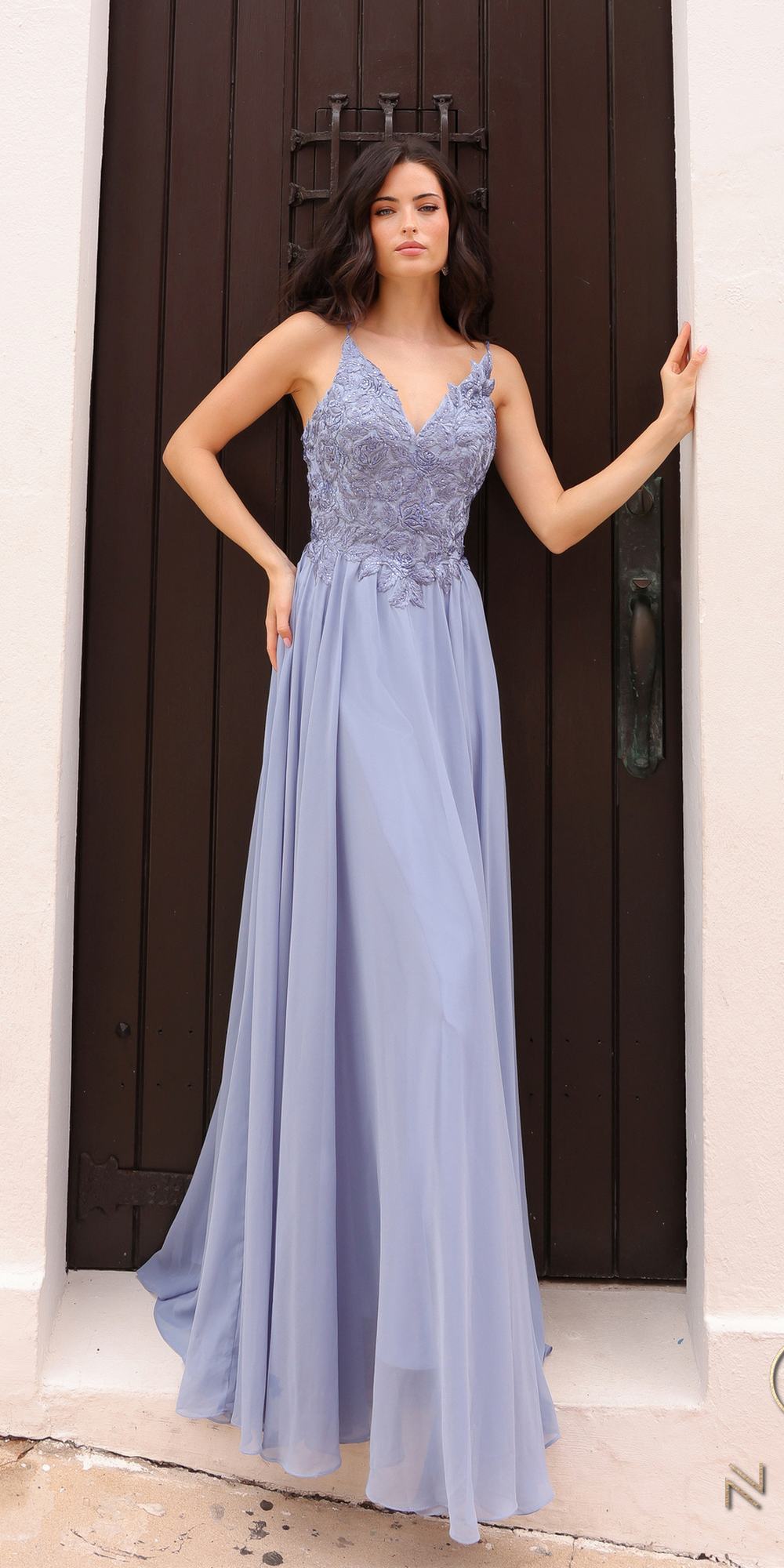 Nox Anabel A-line chiffon lace dress, dusty blue, embroidered sleeveless bodice