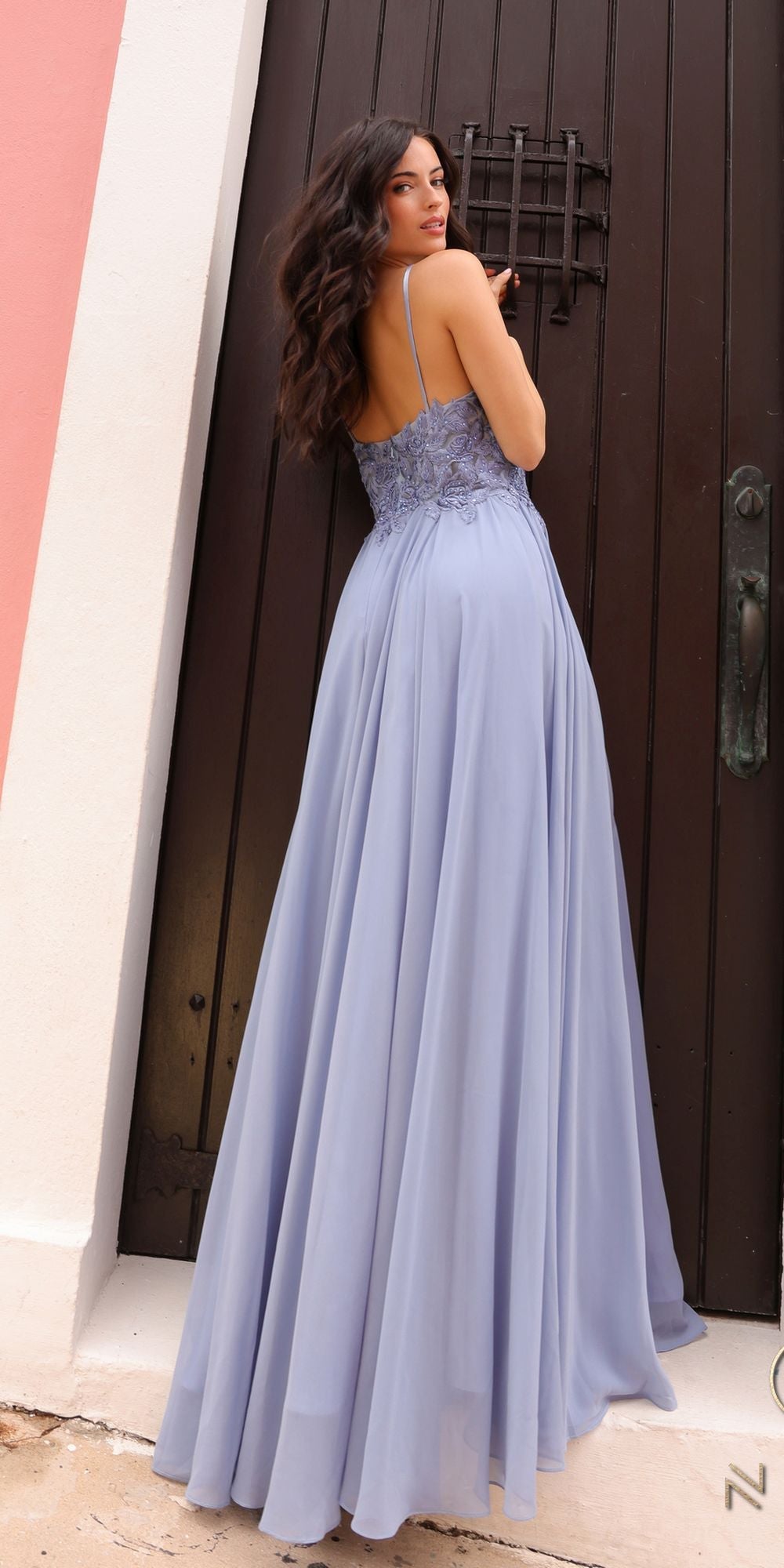 Nox Anabel A-line chiffon lace dress, dusty blue, sleeveless embroidered bodice, open back