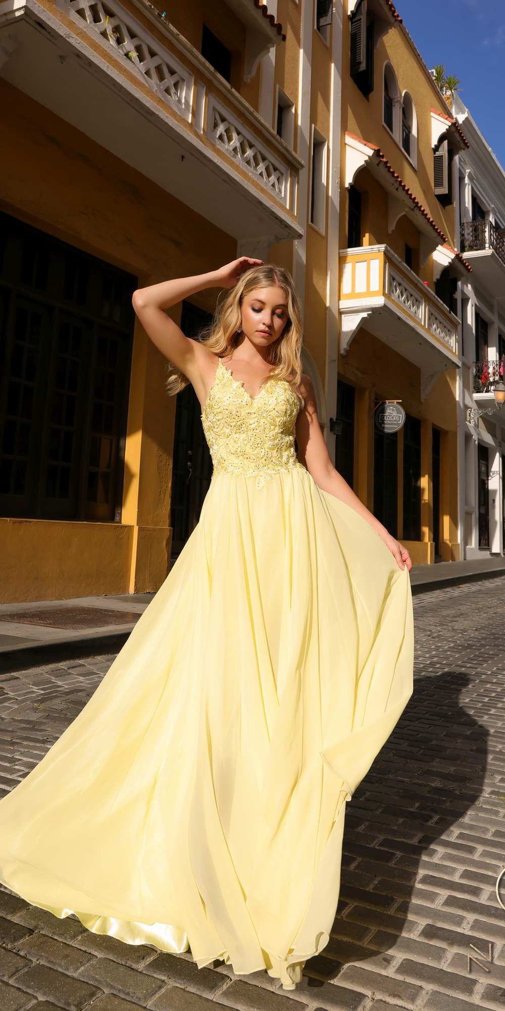 Nox Anabel A-line chiffon lace dress, pale yellow, sleeveless embroidered bodice