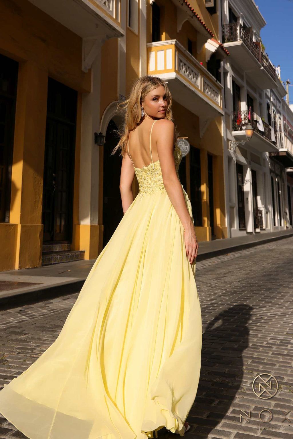 Nox Anabel A-line chiffon lace dress, pale yellow, sleeveless lace bodice, flowing skirt