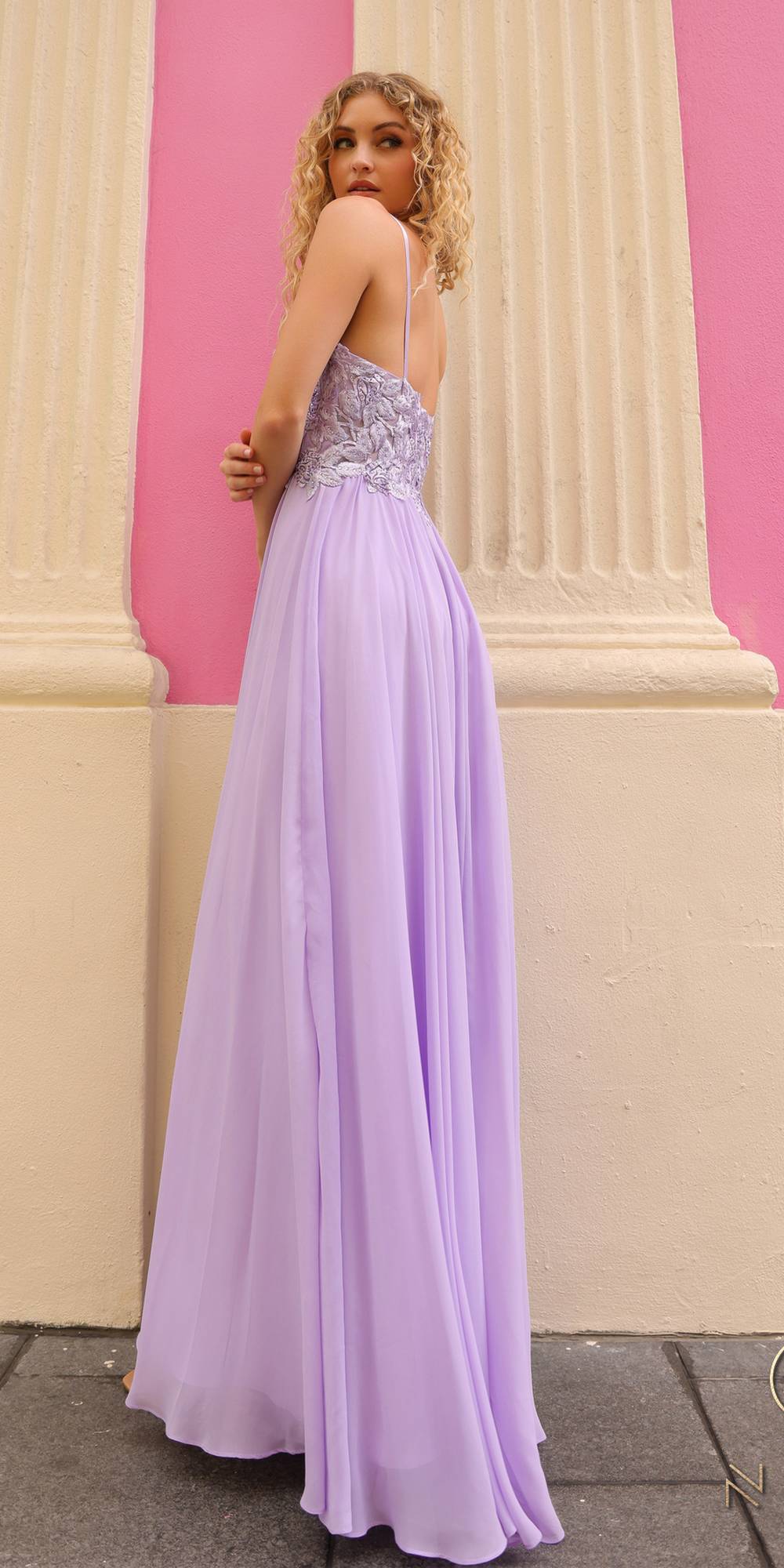 Nox Anabel A-line chiffon lace dress, lilac, sleeveless embroidered bodice, draped skirt
