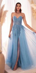 Blue strapless A-line lace and tulle ballgown with glitter detailing and long skirt