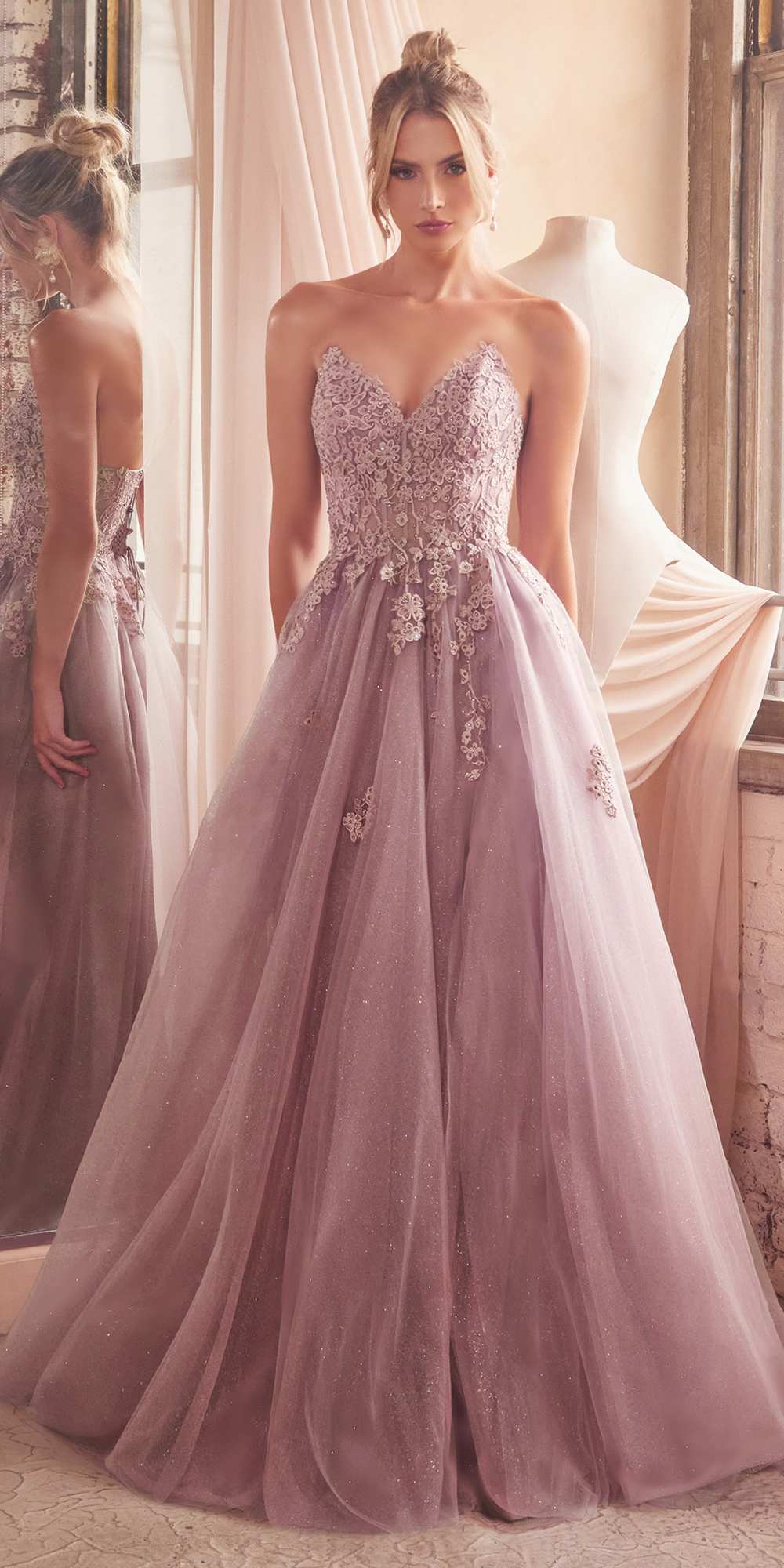 Mauve blush strapless A-line lace and tulle ballgown with glittery corset bodice