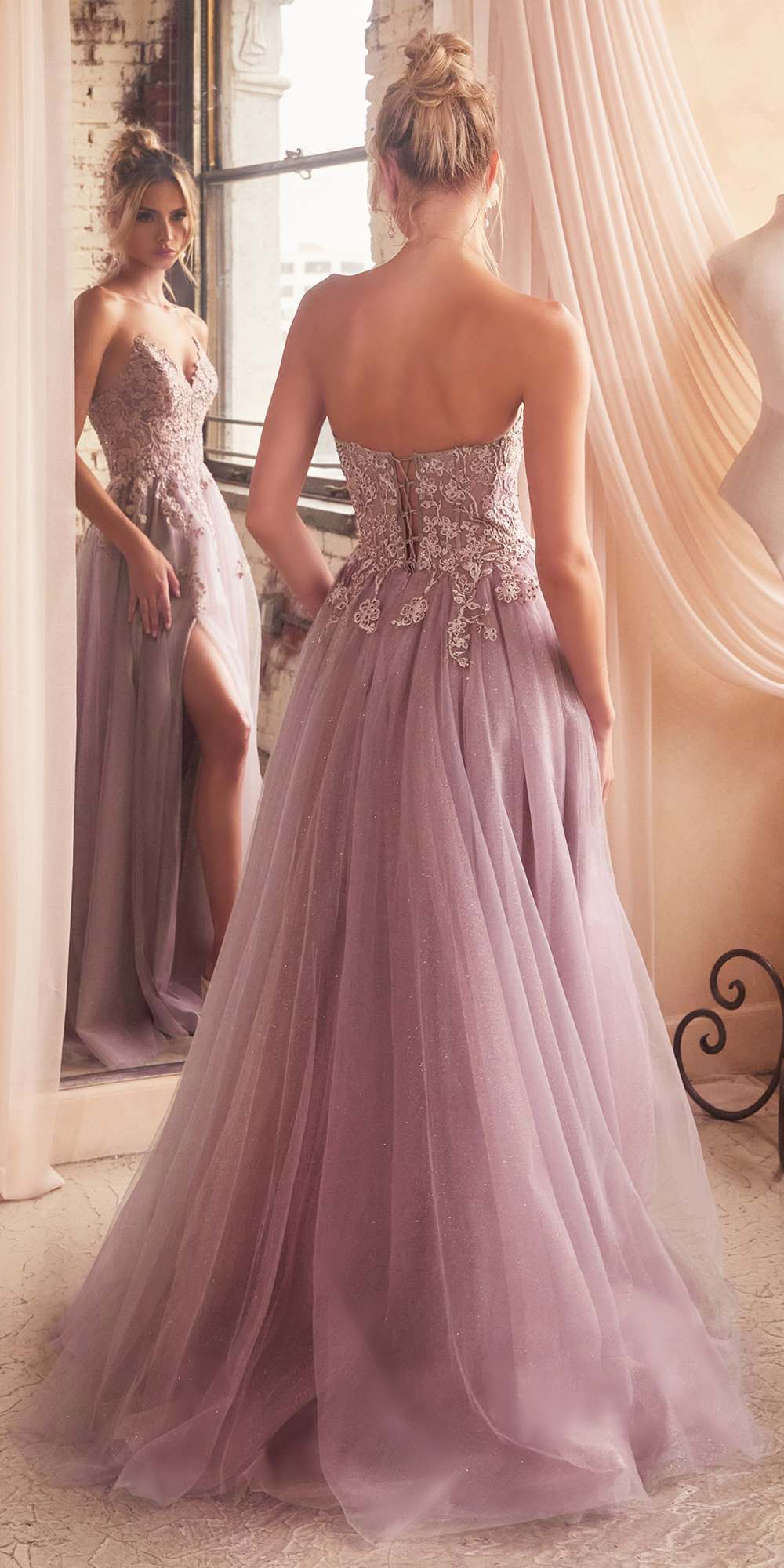 Rose pink strapless A-line lace and tulle ballgown, back view with low open back