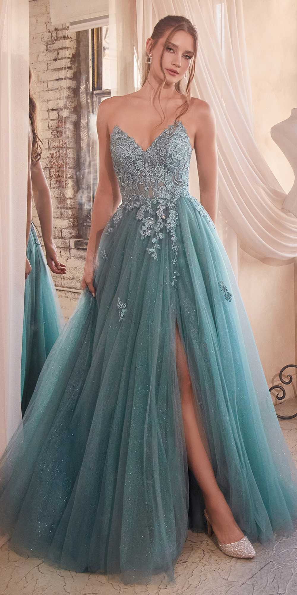 Teal strapless A-line lace and tulle ballgown with embroidered bodice and layered skirt
