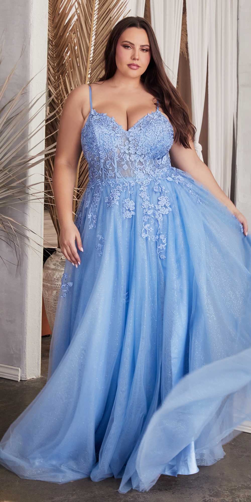 Blue strapless corset-style lace bodice with floral appliqués and flowing A-line tulle skirt