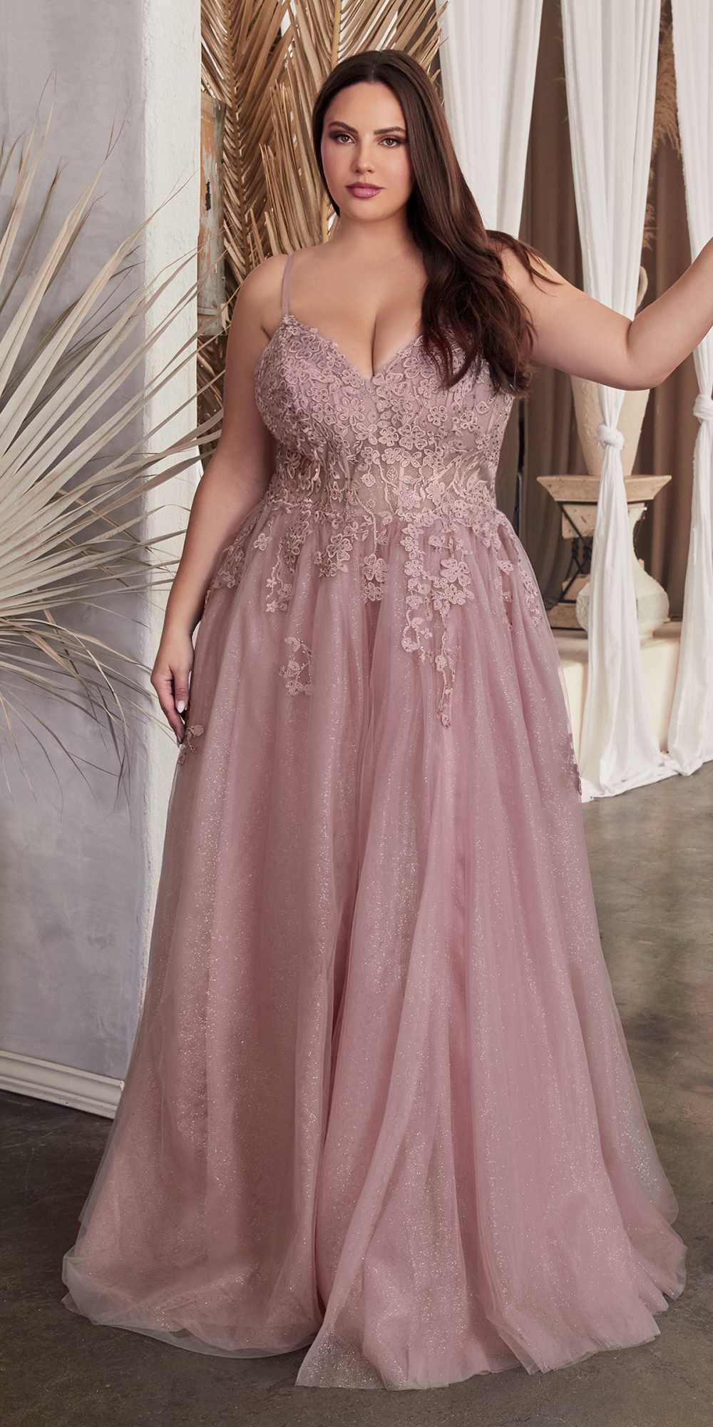 Mauve pink strapless A-line lace and tulle ballgown with detailed bodice and full skirt