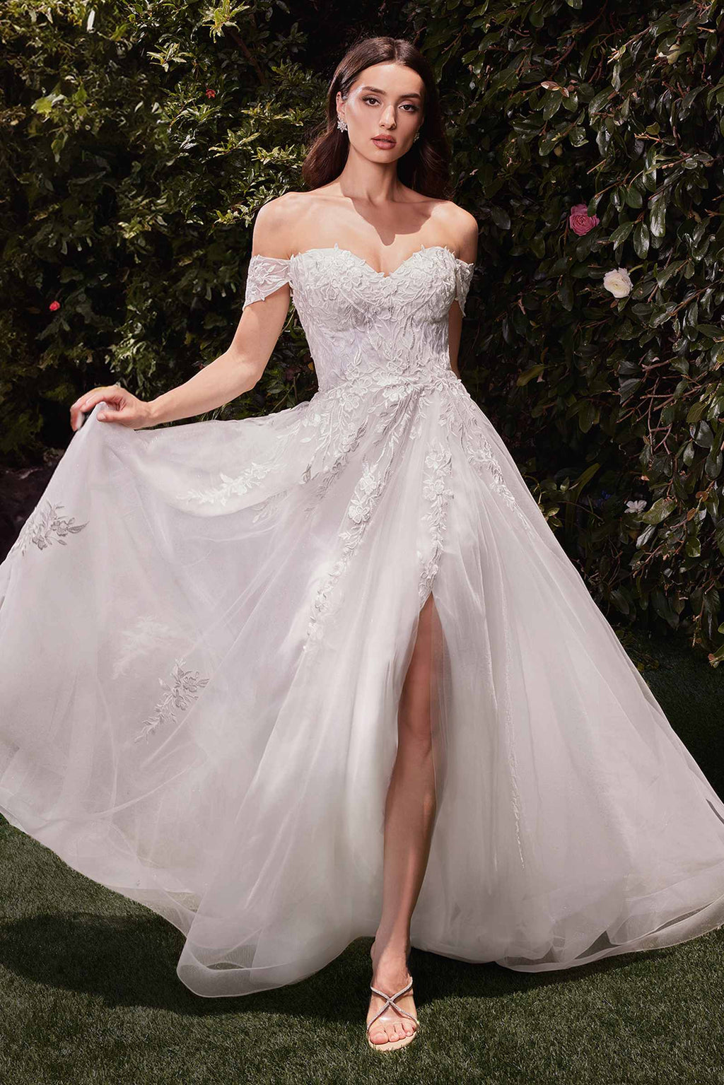 Off-shoulder lace and tulle A-line wedding dress, off white, long flared skirt