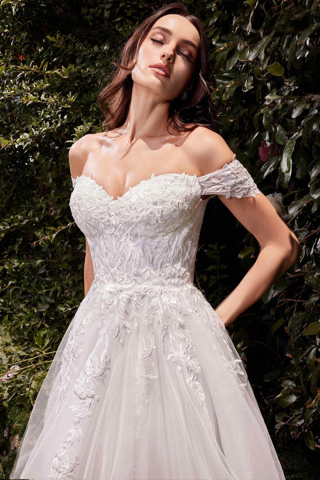 Off-shoulder lace wedding dress with textured bodice and tulle skirt, off white
