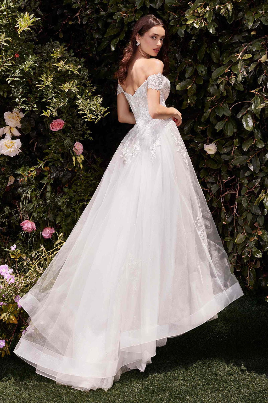 Off-shoulder lace A-line wedding dress with tulle skirt, off white, side view