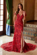 Red off-shoulder fully beaded long gown with fitted bodice and flowing train