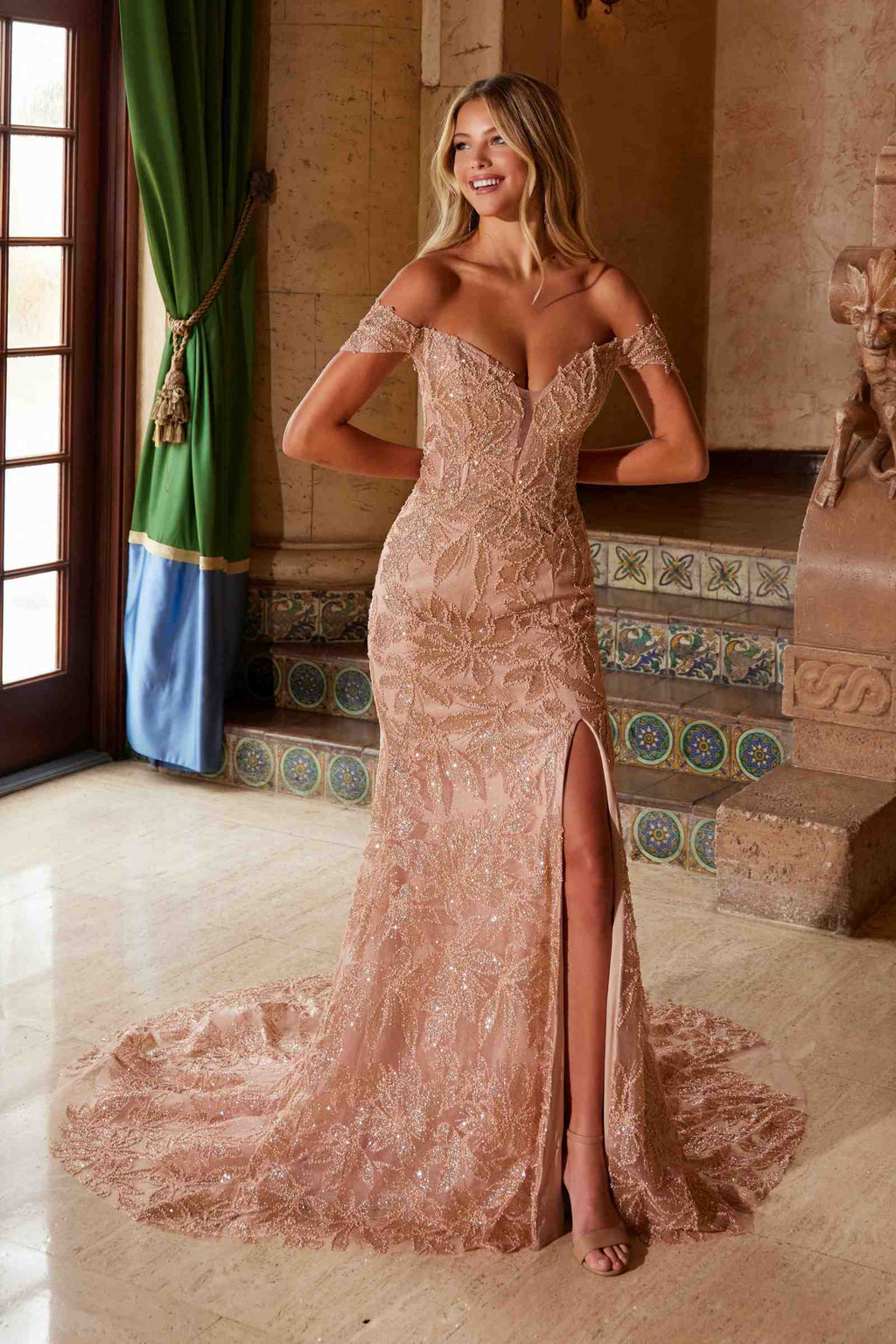 Rosegold off-shoulder fully beaded long dress with fitted bodice and front slit
