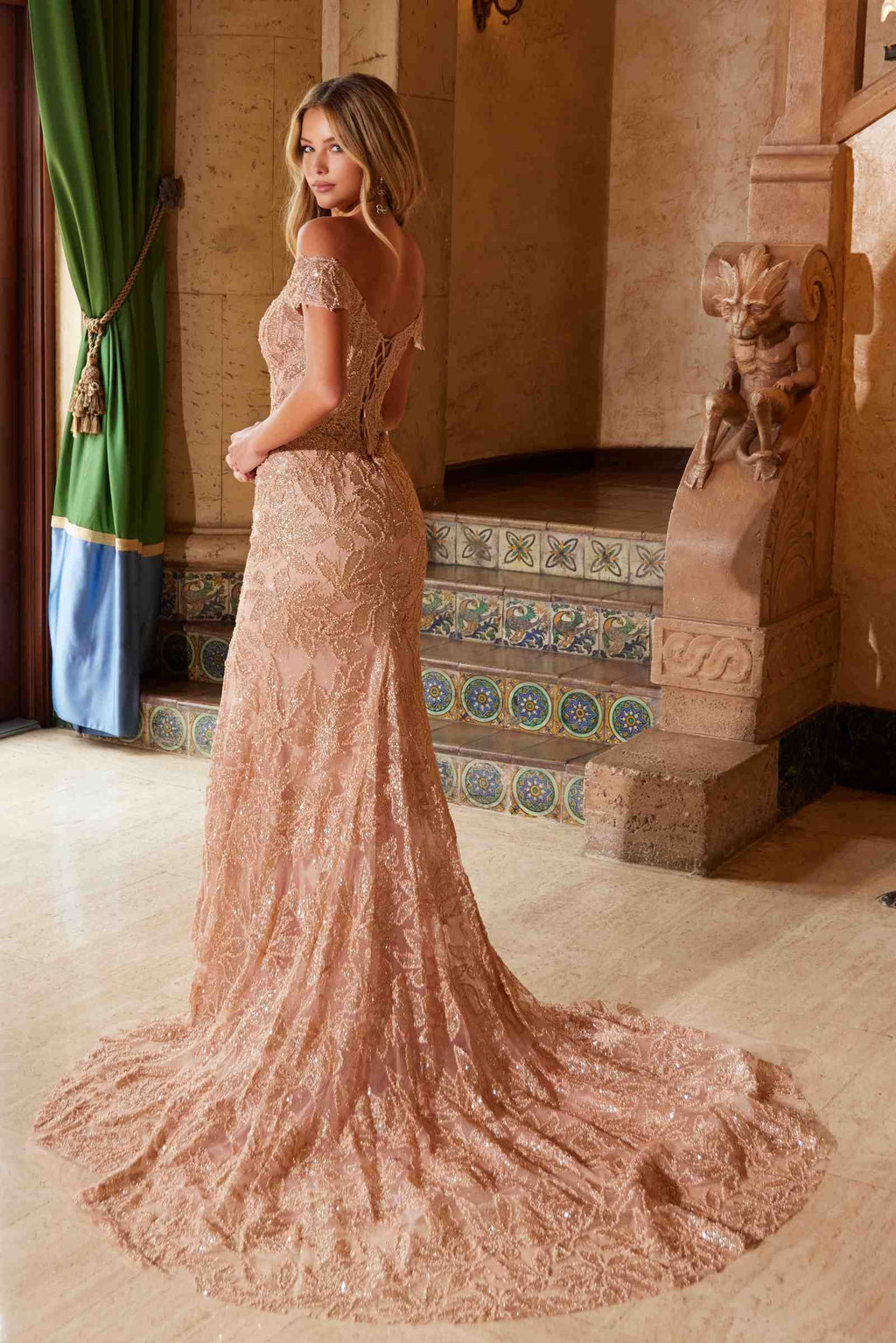 Rosegold off-shoulder fully beaded long gown with flared train and side slit