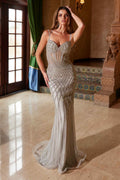 Silver beaded tulle dress with sweetheart neckline and corset-style bodice