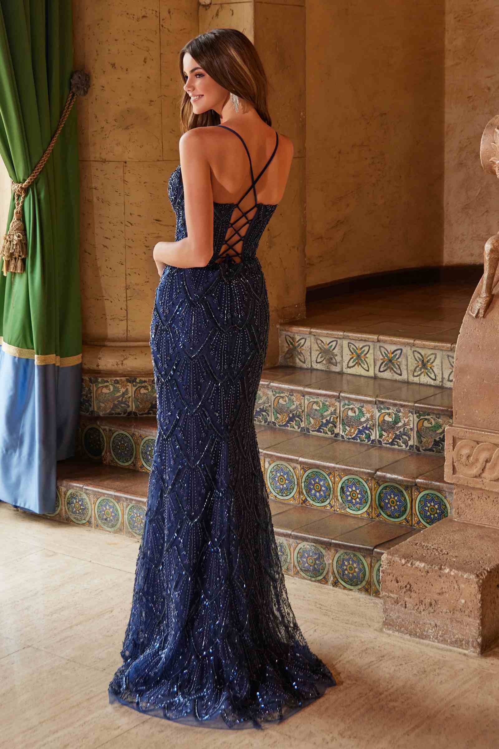 Navy beaded tulle lace-up dress with crisscross back straps and thigh slit, back view