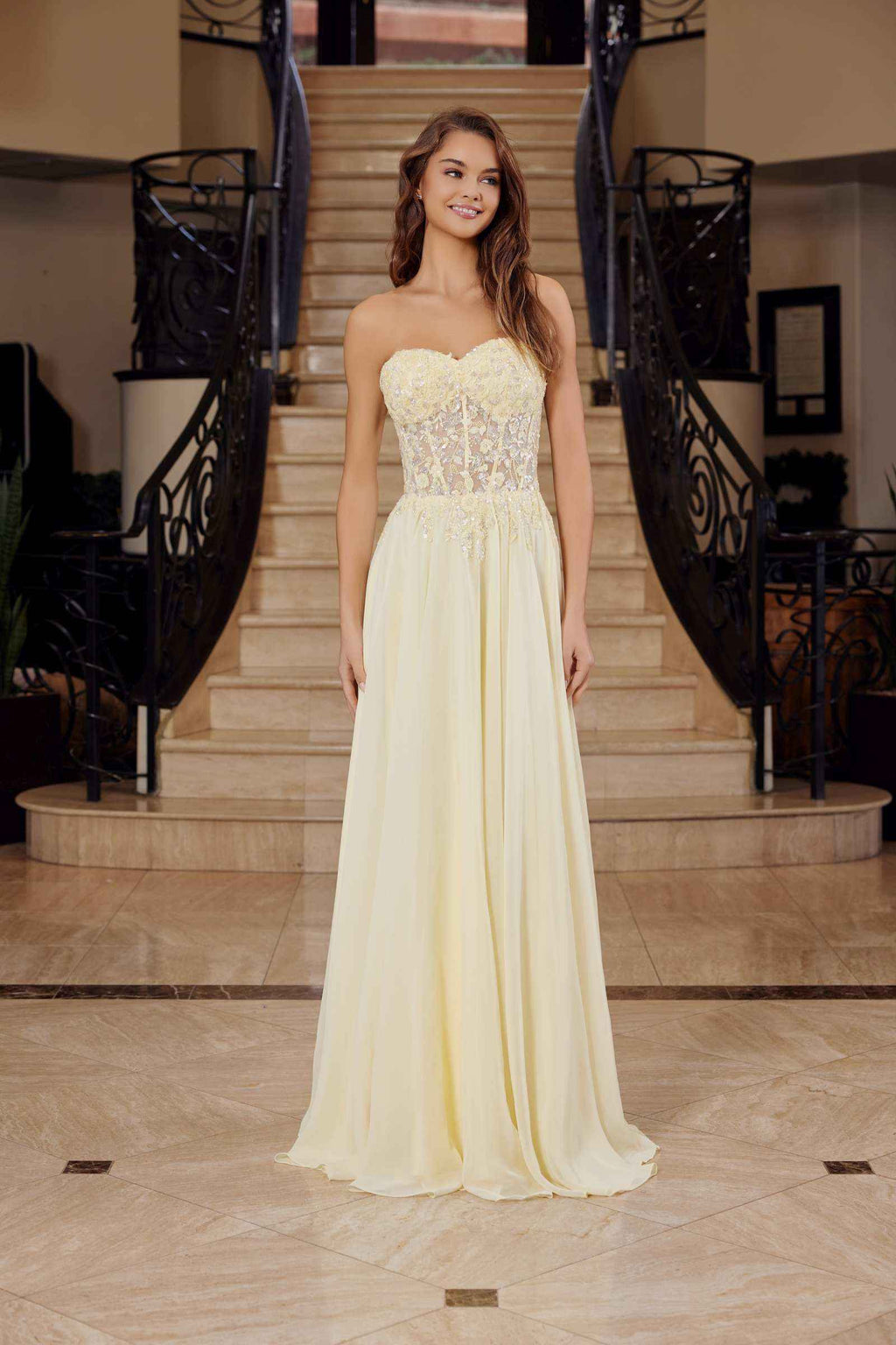 Lemon strapless corset dress with lace applique bodice and flowing chiffon maxi skirt, front view