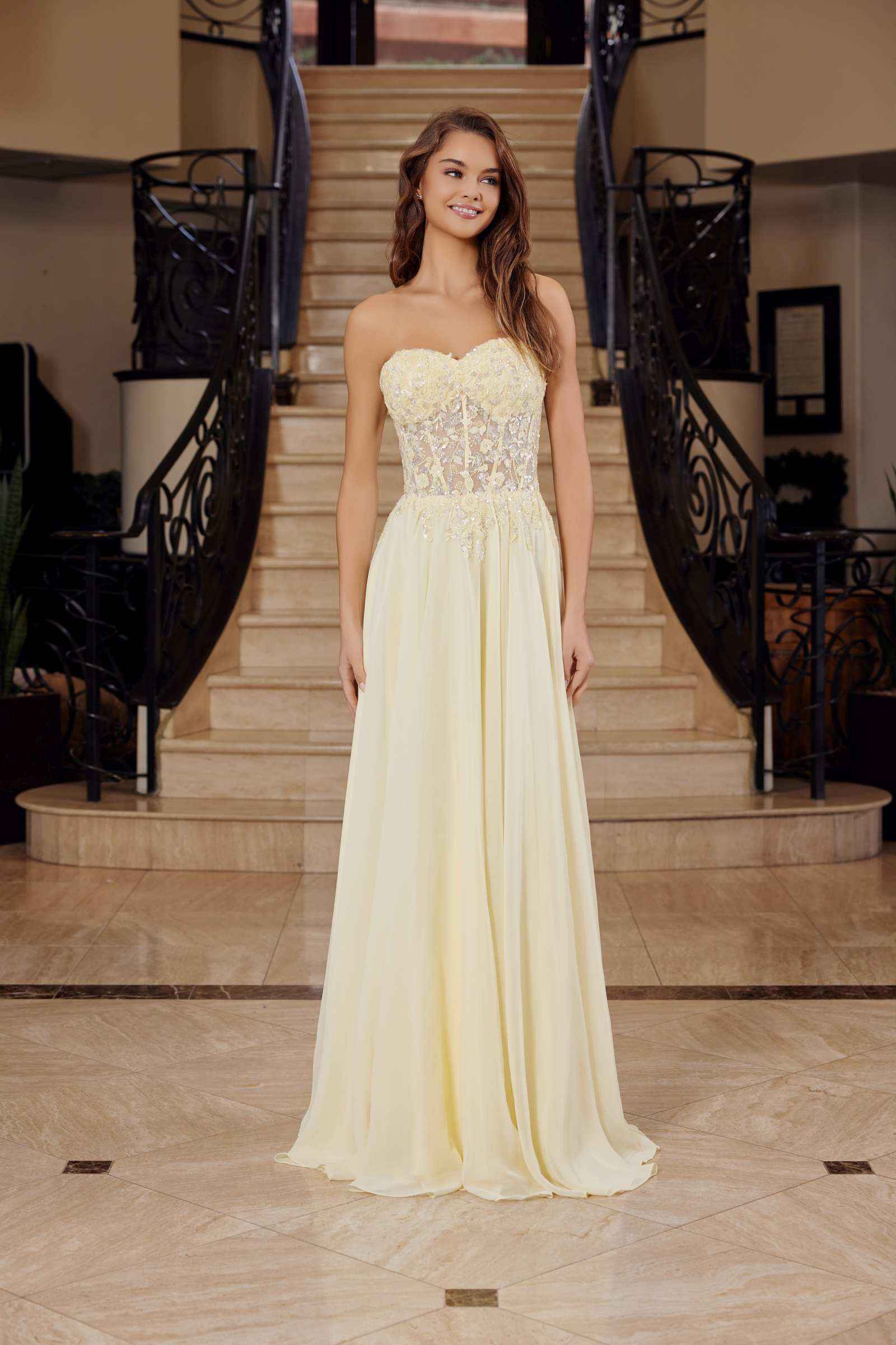 Lemon strapless corset dress with lace applique bodice and flowing chiffon maxi skirt, front view