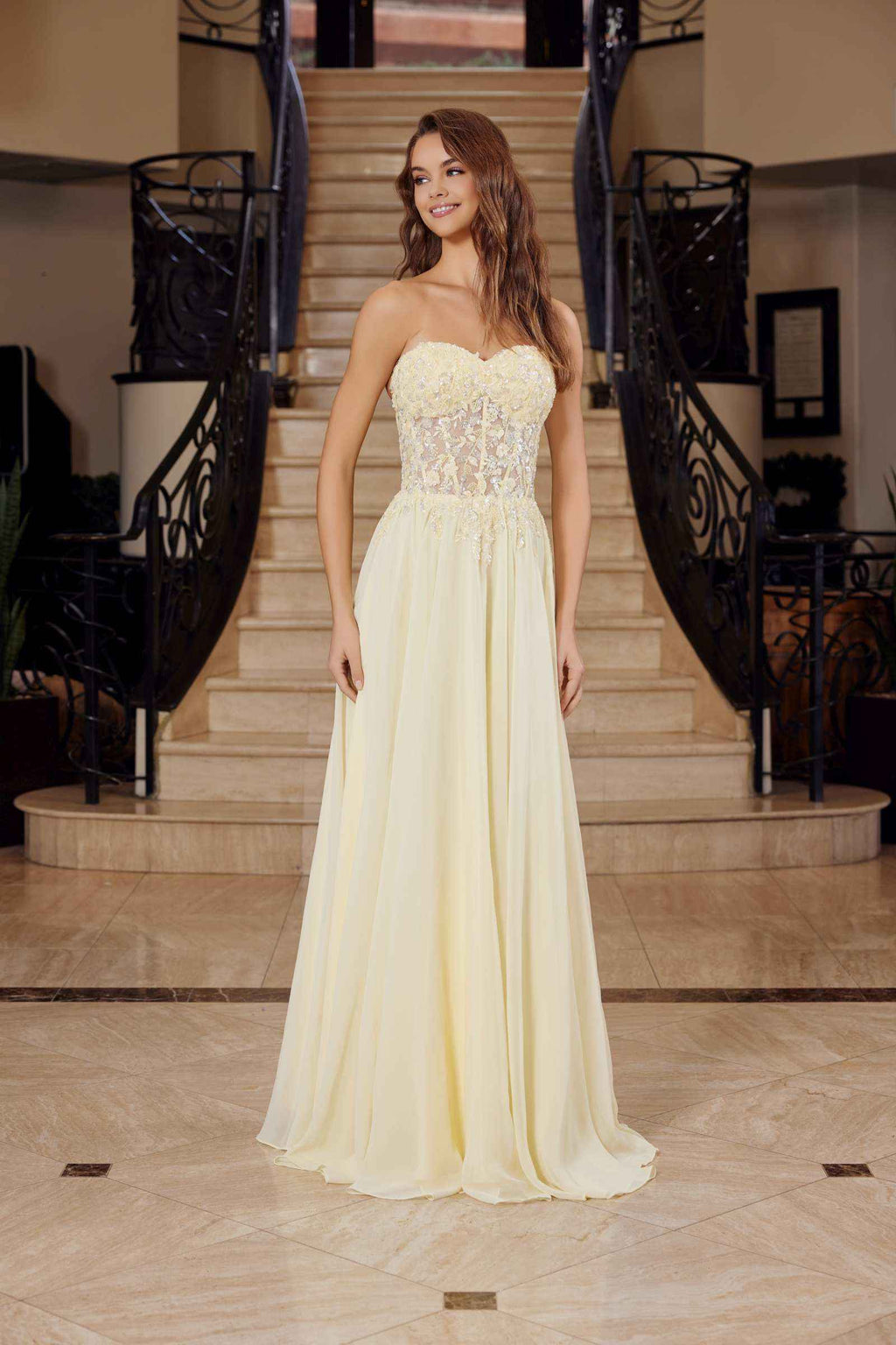 Lemon strapless corset dress with textured lace applique bodice and chiffon maxi skirt, front view