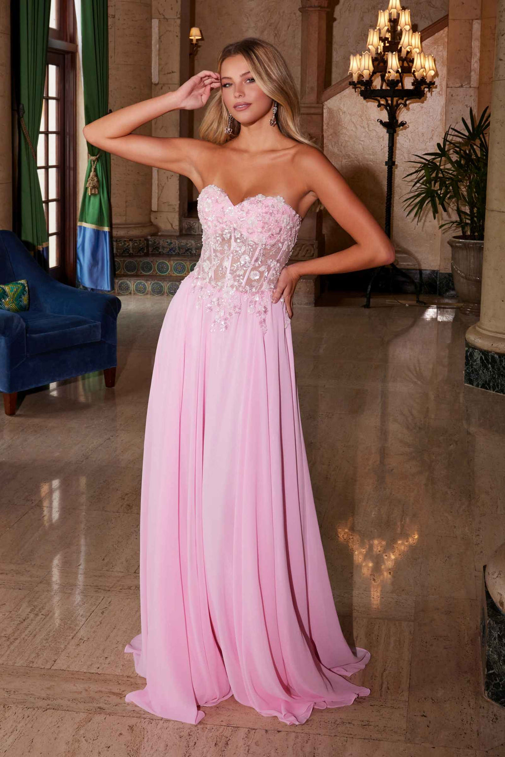 Pink strapless corset applique dress with chiffon skirt