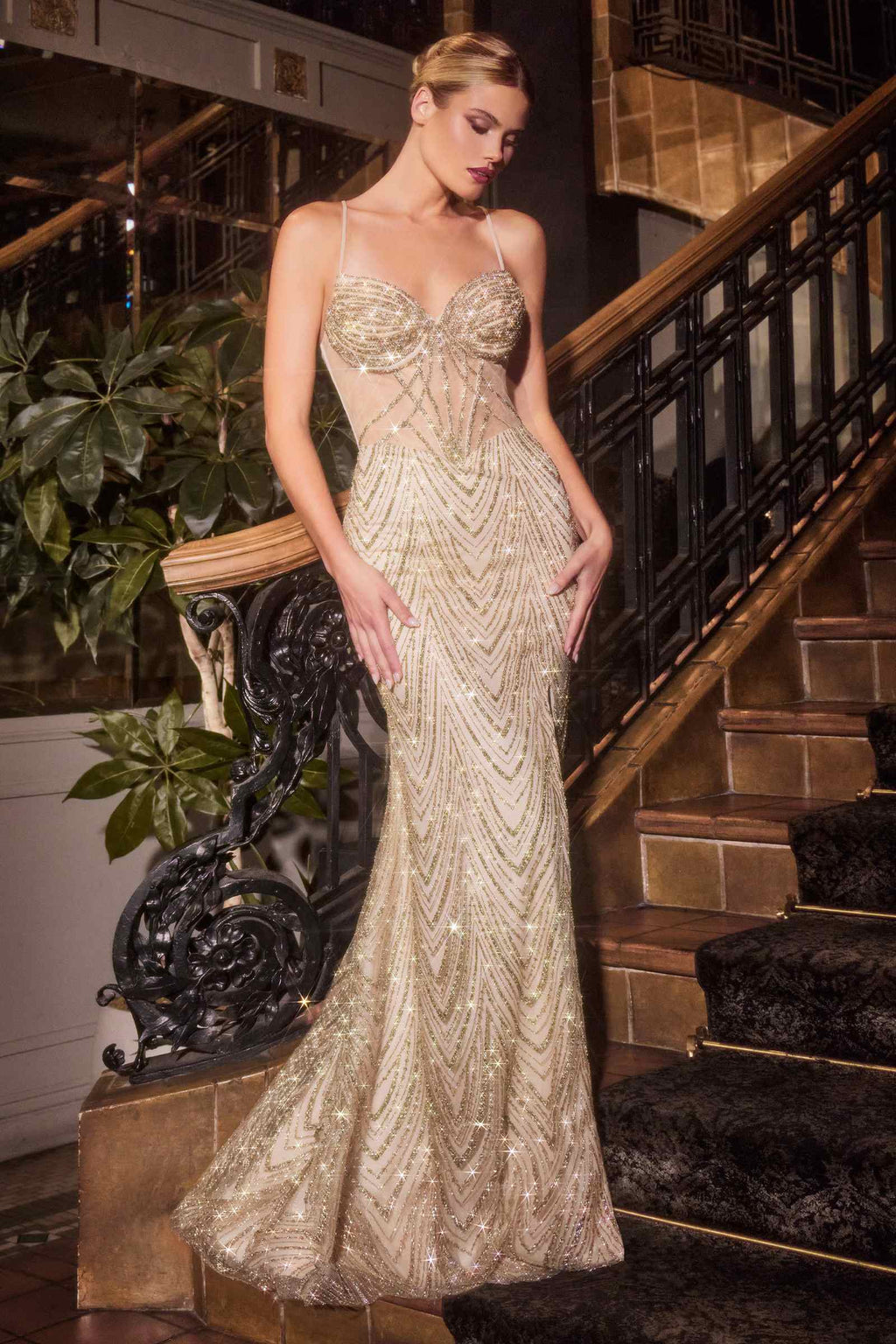 Champagne gold glitter fitted gown with sweetheart neckline and beaded pattern