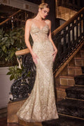 Champagne gold glitter fitted gown with sweetheart neckline and beaded pattern