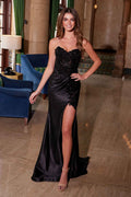 Black glitter sequin strapless corset gown with sweetheart neckline and thigh slit