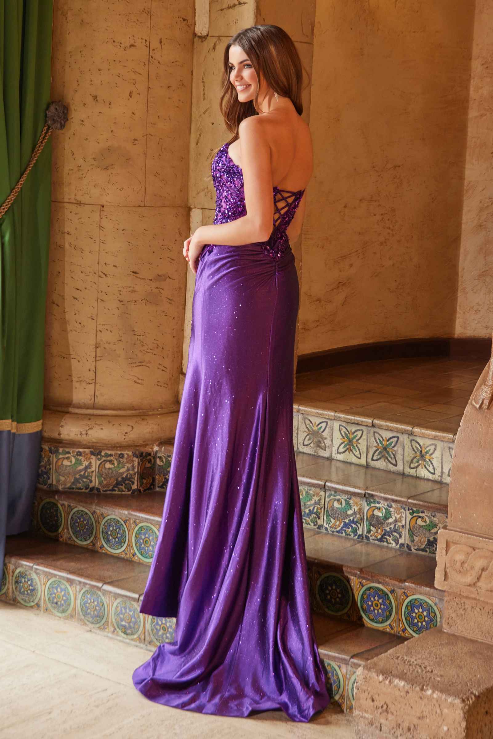 Glitter satin sequin lace-up bodice dress in purple, ruched fitted silhouette with thigh slit