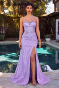 Lavender fitted strapless prom dress with embellished bodice and thigh-high slit