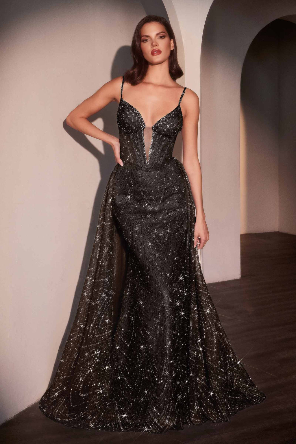 Black glitter V-neck fitted gown with thin straps and flared full skirt