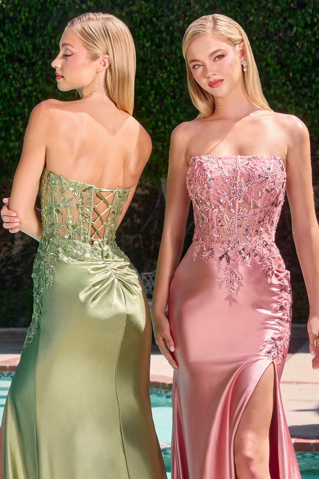Strapless fitted satin gowns in olive green and dusty rose with beaded bodices and slits